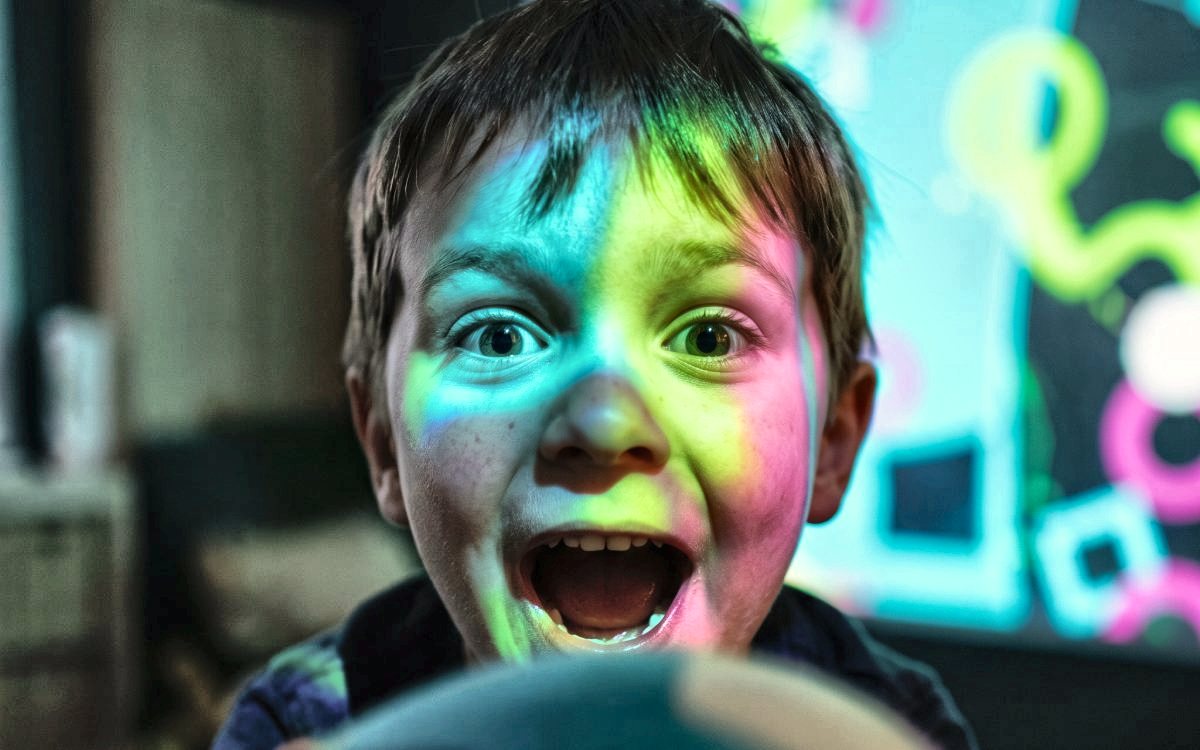 Begeisterter Junge mit Ball im farbigen Licht der Spielwand