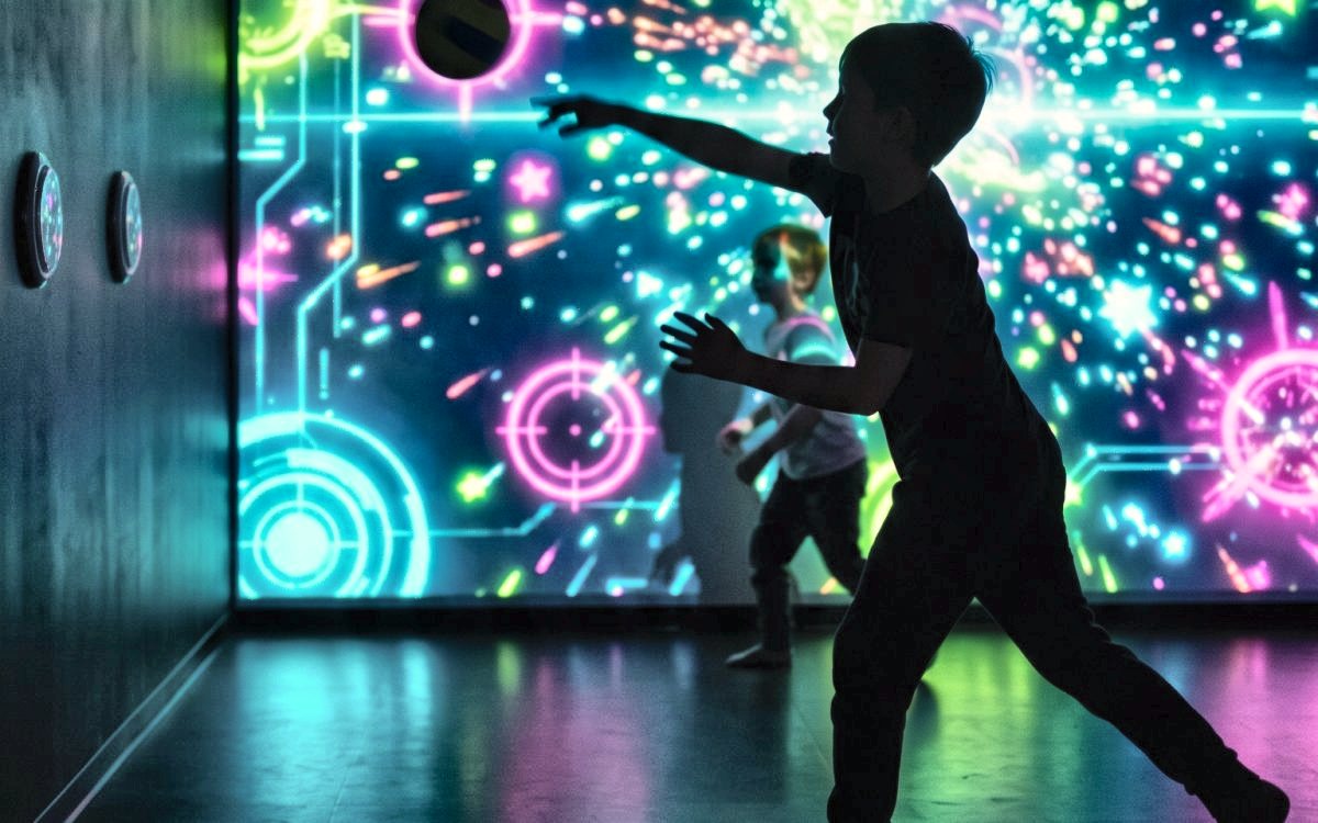 Silhouette eines Kindes beim Wurf vor der leuchtenden Spielwand