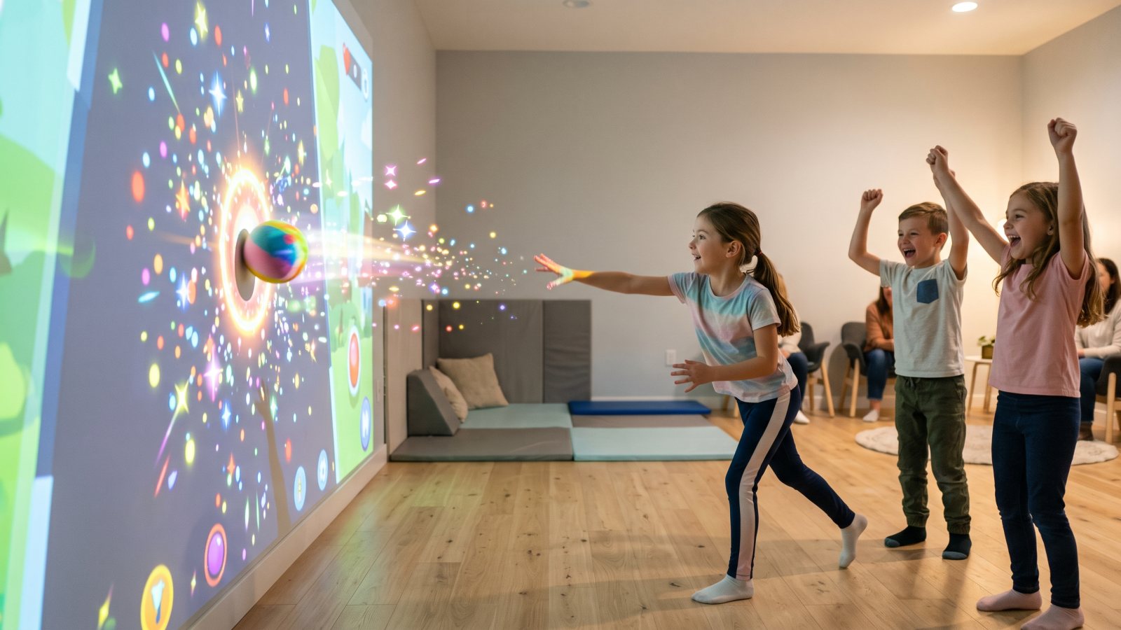 Mädchen wirft einen Ball an die bunte interaktive Spielwand, der Treffer explodiert in Lichtfunken, zwei Kinder jubeln