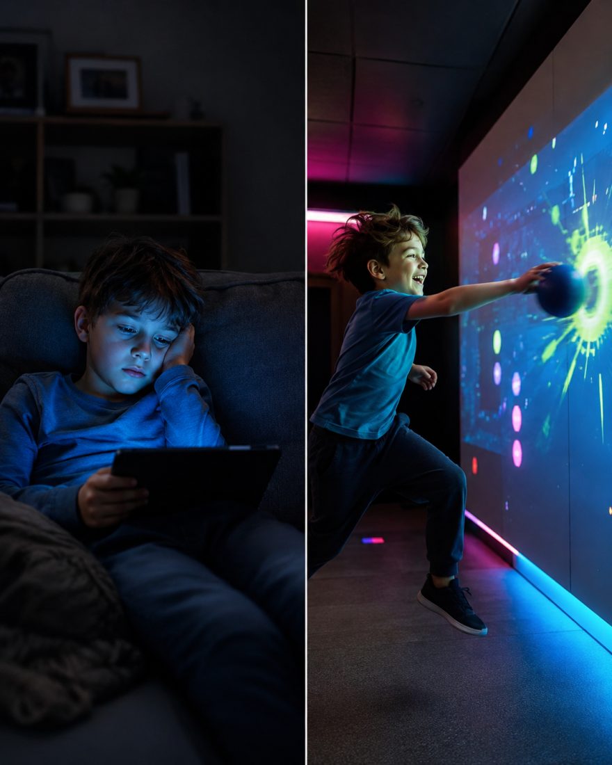 Links ein Junge gelangweilt mit Tablet auf dem Sofa, rechts derselbe Junge lachend beim Ballwurf an die leuchtende Spielwand
